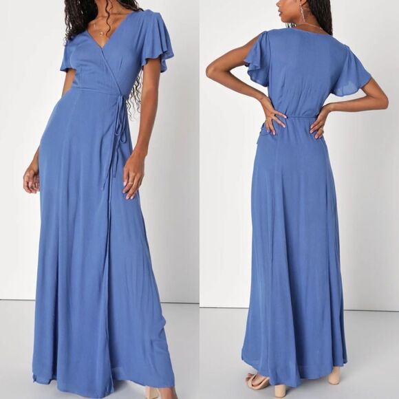 Lulus heart of marigold denim blue wrap maxi dress - Picture 1 of 9